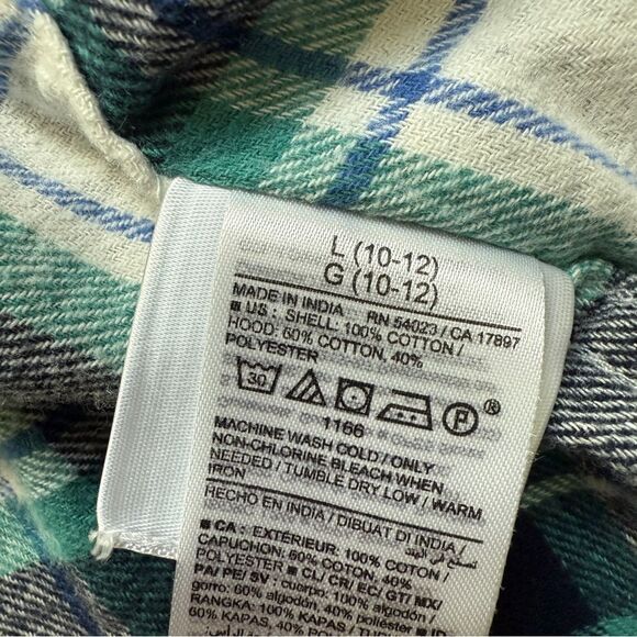 Plaid Flannel Button Down Hooded Shirt  Navy Teal White Large - Picture 8 of 8